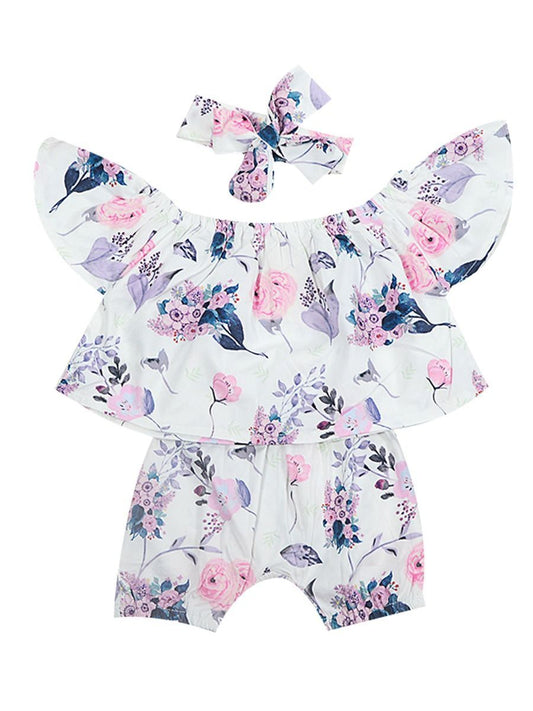 3-Piece Flower Baby Outfits Off Shoulder Top + Shorts + Headband Summer - dianjiang-