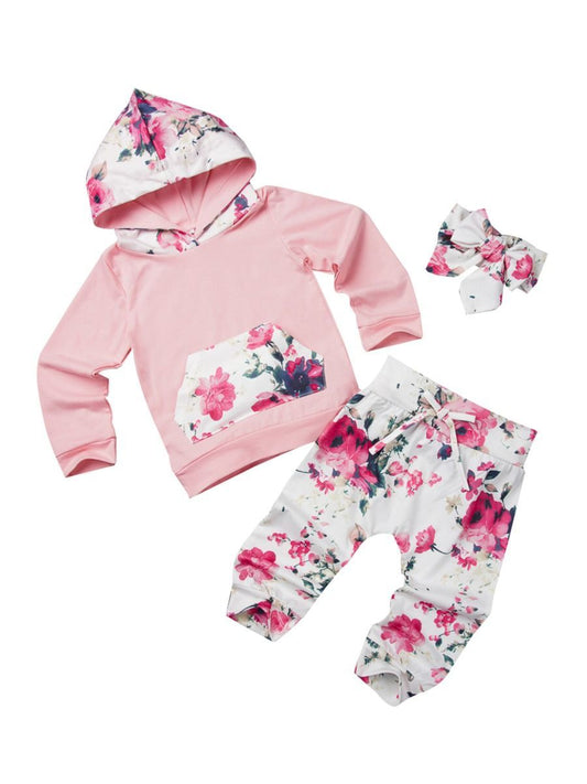 Baby Girl 3-Piece Floral Causal Hoodie Matching Pull-on Pants+Headband - dianjiang-
