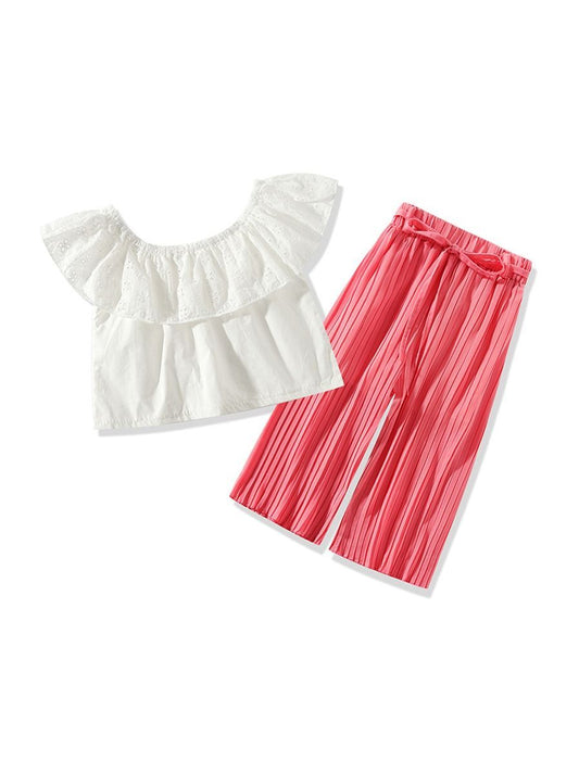 Solid Color 3-Piece Outfit White Off Shoulder Top +Pants+Strip For Toddler Girl - dianjiang-