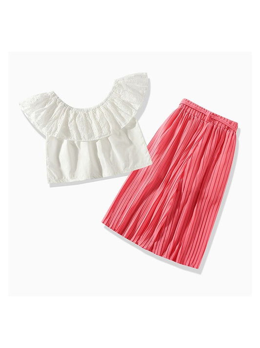 Solid Color 3-Piece Outfit White Off Shoulder Top +Pants+Strip For Toddler Girl - dianjiang-