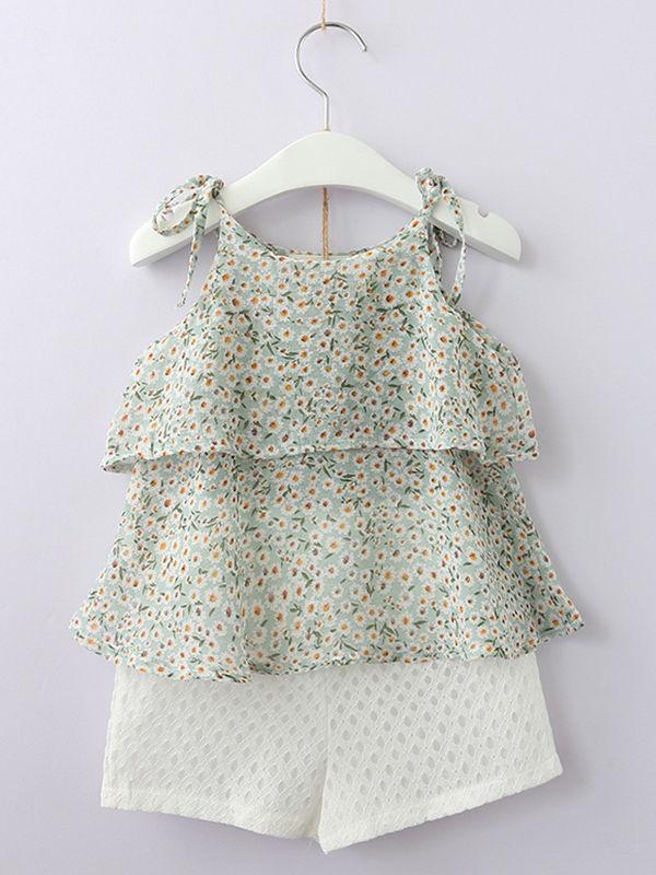 3-Piece Outfits Little Big Girl Floral Tie Top+White Shorts +Hat - dianjiang-