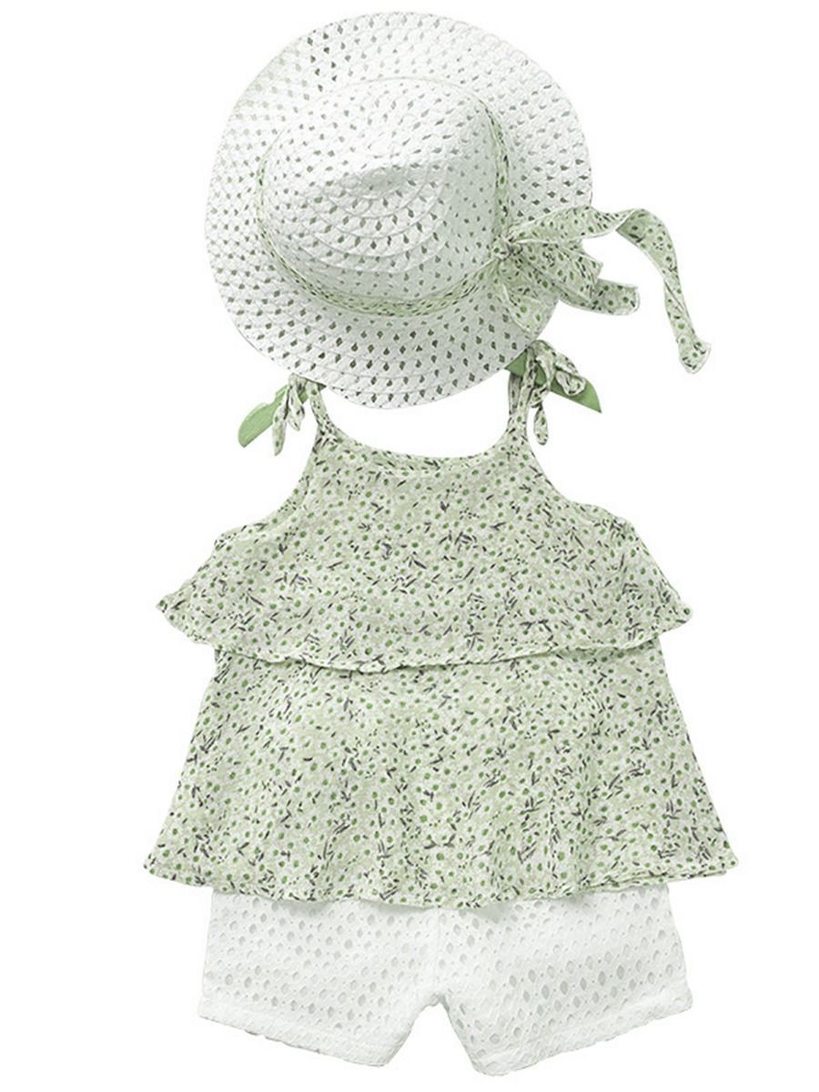 3-Piece Outfits Little Big Girl Floral Tie Top+White Shorts +Hat - dianjiang-