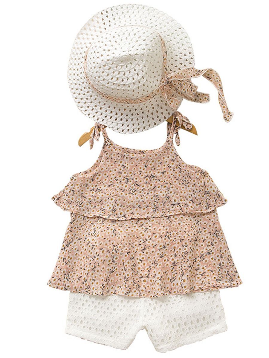 3-Piece Outfits Little Big Girl Floral Tie Top+White Shorts +Hat - dianjiang-