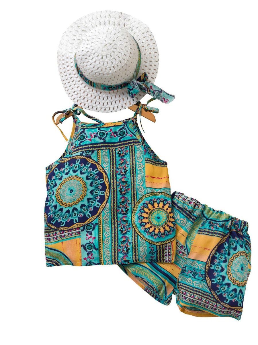 3-Piece Outfits Set Little Big Girl Vintage Tie Tank +Shorts +Hat - dianjiang-