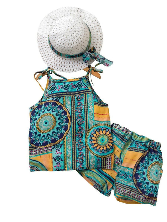 3-Piece Outfits Set Little Big Girl Vintage Tie Tank +Shorts +Hat - dianjiang-