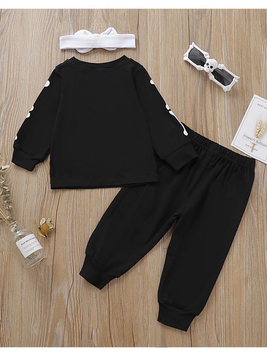3-Piece Round-neck Bone Letters Halloween Outfits Long-sleeved Shirt+Pants+Headband - dianjiang-