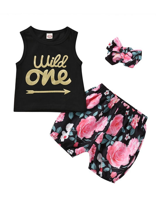 3-Piece Summer Baby Girl Outfit Letter Printed Tank Top+Flower Shorts+Headband - dianjiang-