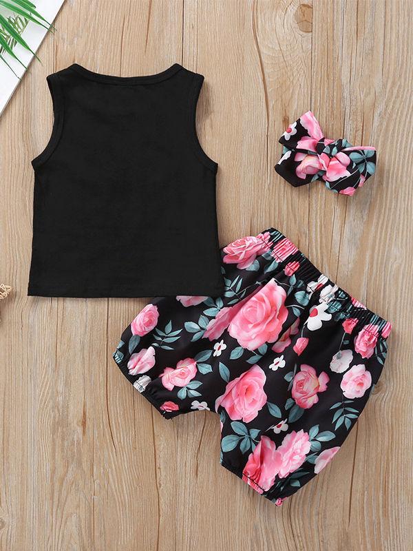 3-Piece Summer Baby Girl Outfit Letter Printed Tank Top+Flower Shorts+Headband - dianjiang-