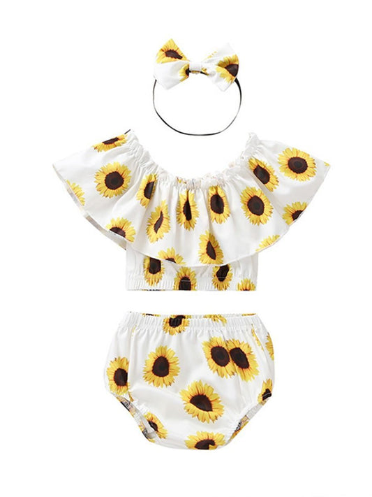 3-Piece Sunflower Printed Baby Girl Outfit Off Shoulder Top+Shorts+Headband - dianjiang-