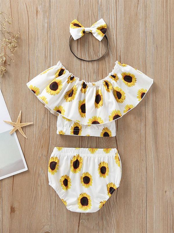 3-Piece Sunflower Printed Baby Girl Outfit Off Shoulder Top+Shorts+Headband - dianjiang-