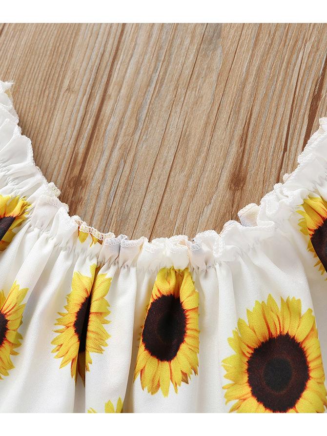 3-Piece Sunflower Printed Baby Girl Outfit Off Shoulder Top+Shorts+Headband - dianjiang-