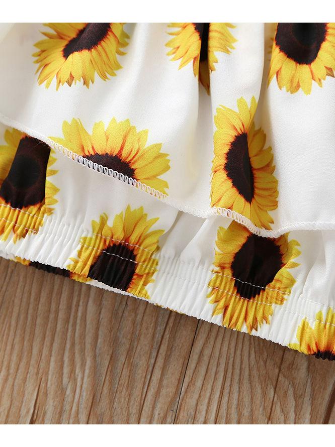 3-Piece Sunflower Printed Baby Girl Outfit Off Shoulder Top+Shorts+Headband - dianjiang-
