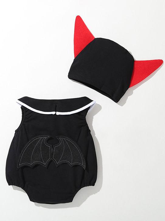 3-Pieces Baby Halloween Outfit Hat with Horn+Bat Romper+Bow Vest - dianjiang-