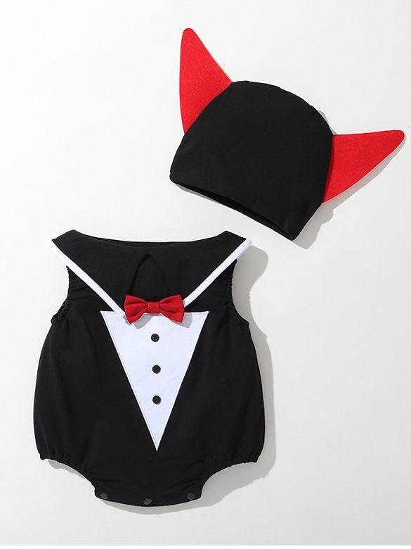 3-Pieces Baby Halloween Outfit Hat with Horn+Bat Romper+Bow Vest - dianjiang-