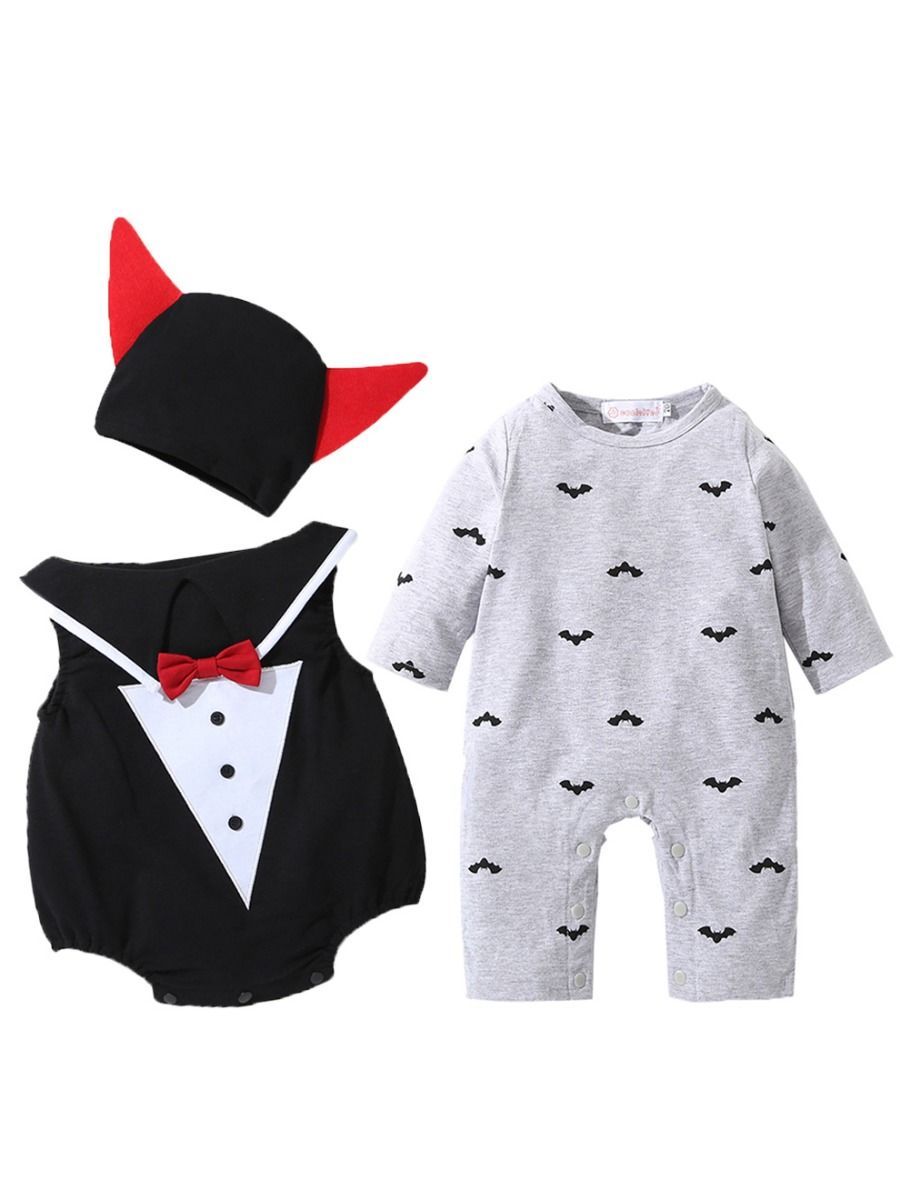 3-Pieces Baby Halloween Outfit Hat with Horn+Bat Romper+Bow Vest - dianjiang-
