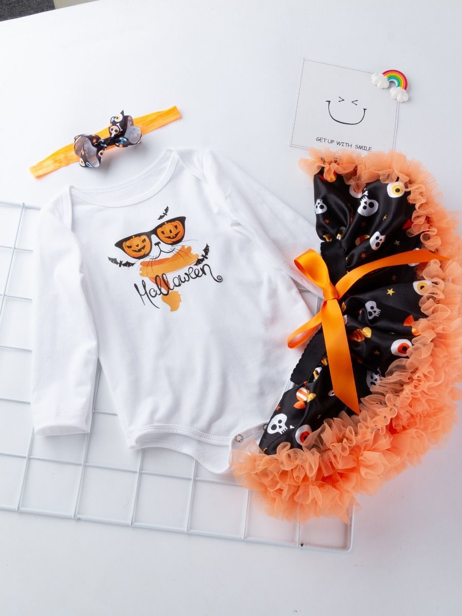 3-Pieces Halloween Set Pumpkin Bodysuit +Skull Tulle Ruffled Skirt +Headband - dianjiang-