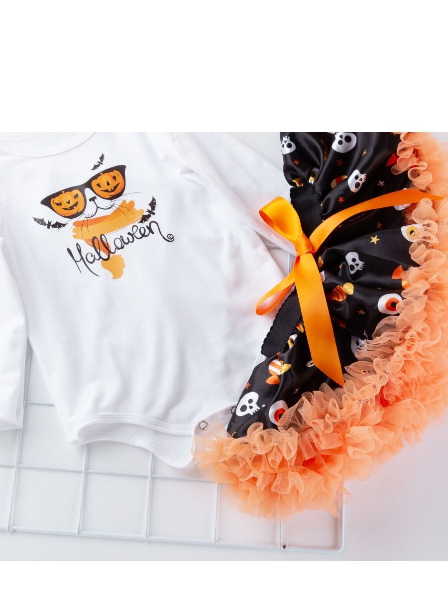 3-Pieces Halloween Set Pumpkin Bodysuit +Skull Tulle Ruffled Skirt +Headband - dianjiang-
