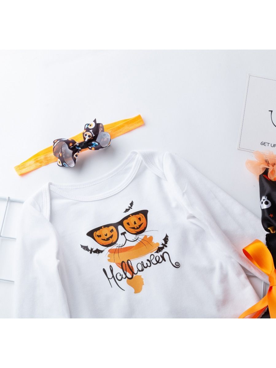 3-Pieces Halloween Set Pumpkin Bodysuit +Skull Tulle Ruffled Skirt +Headband - dianjiang-