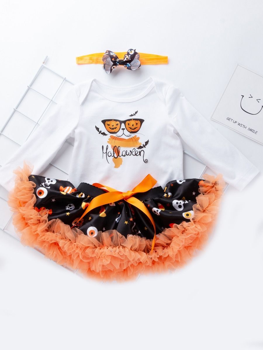 3-Pieces Halloween Set Pumpkin Bodysuit +Skull Tulle Ruffled Skirt +Headband - dianjiang-