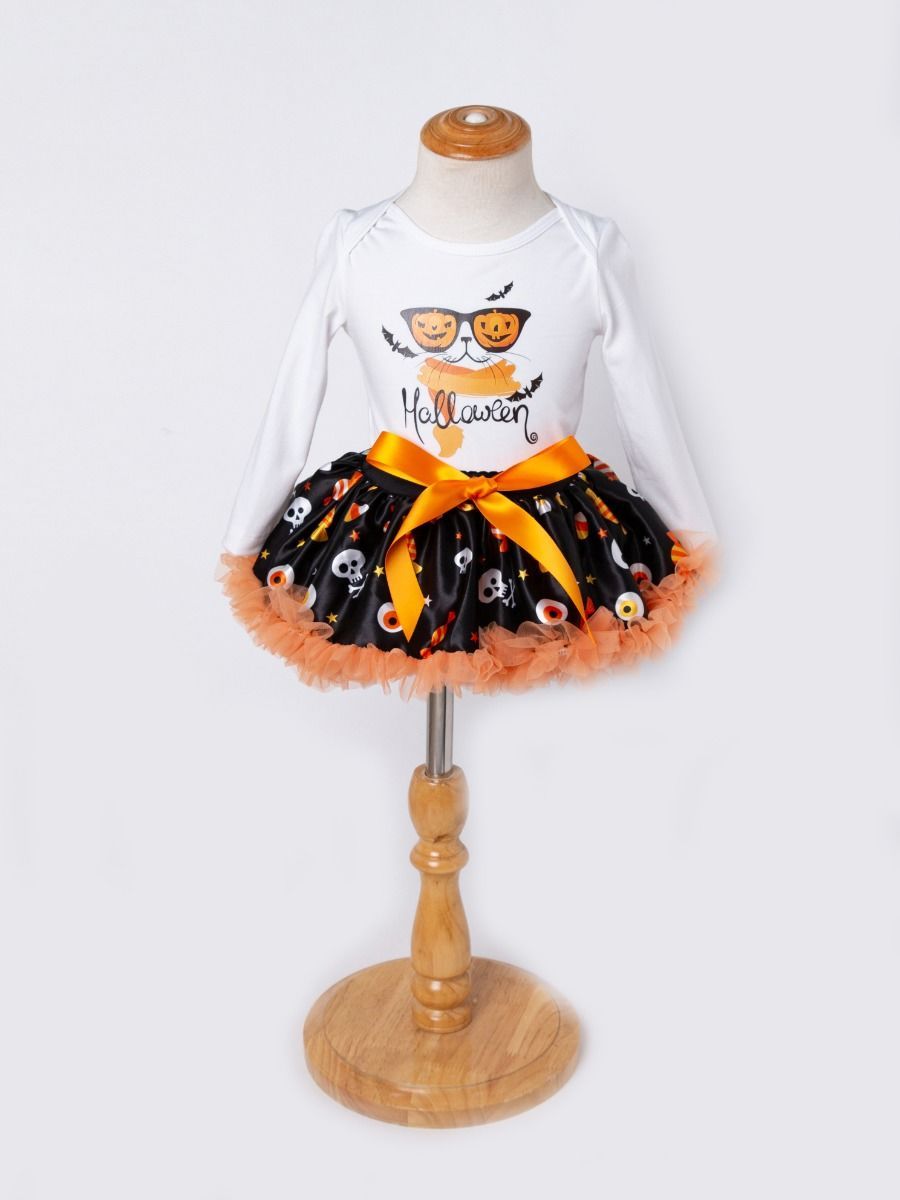3-Pieces Halloween Set Pumpkin Bodysuit +Skull Tulle Ruffled Skirt +Headband - dianjiang-