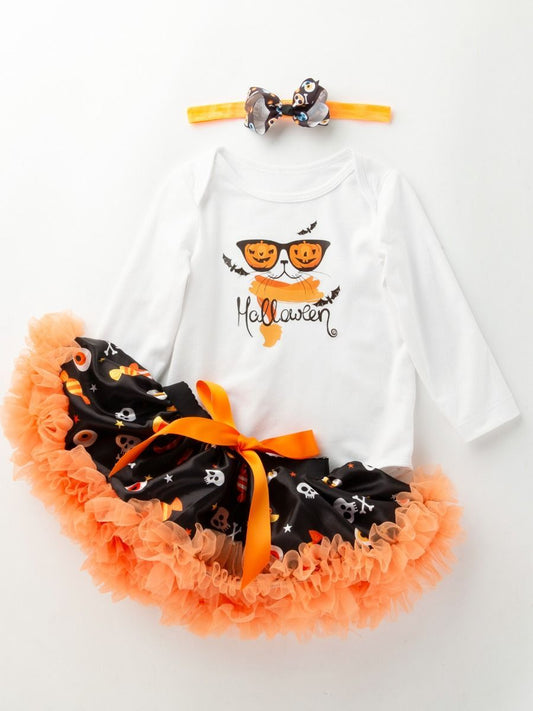 3-Pieces Halloween Set Pumpkin Bodysuit +Skull Tulle Ruffled Skirt +Headband - dianjiang-