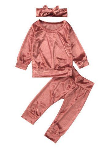 3-piece Pink Outfits Set Indoor Solid Color Velvet Clothes Pullover and Pants and Headband - dianjiang-