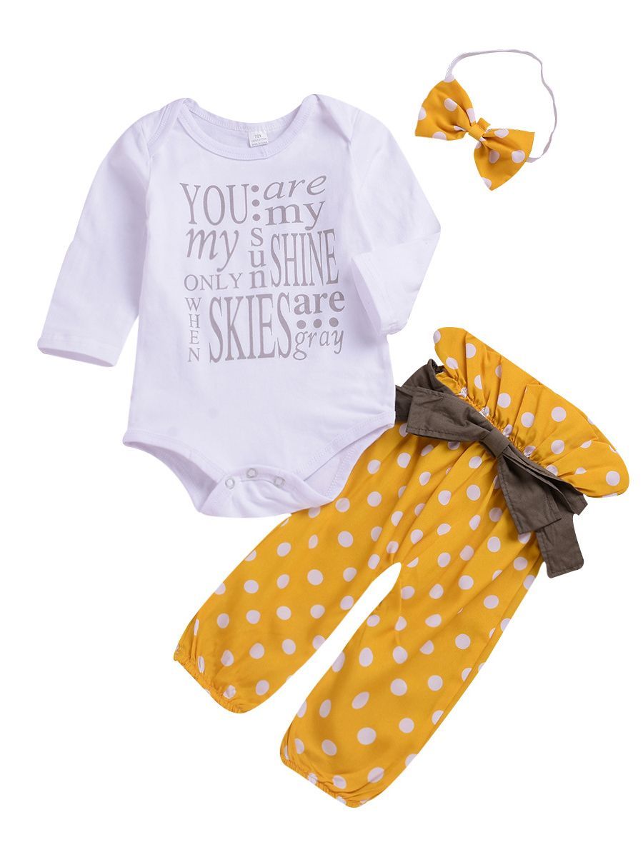 3-piece Stylish Outfits Letters Print Bodysuit + Bow Polka Dots Pants +Headband - dianjiang-