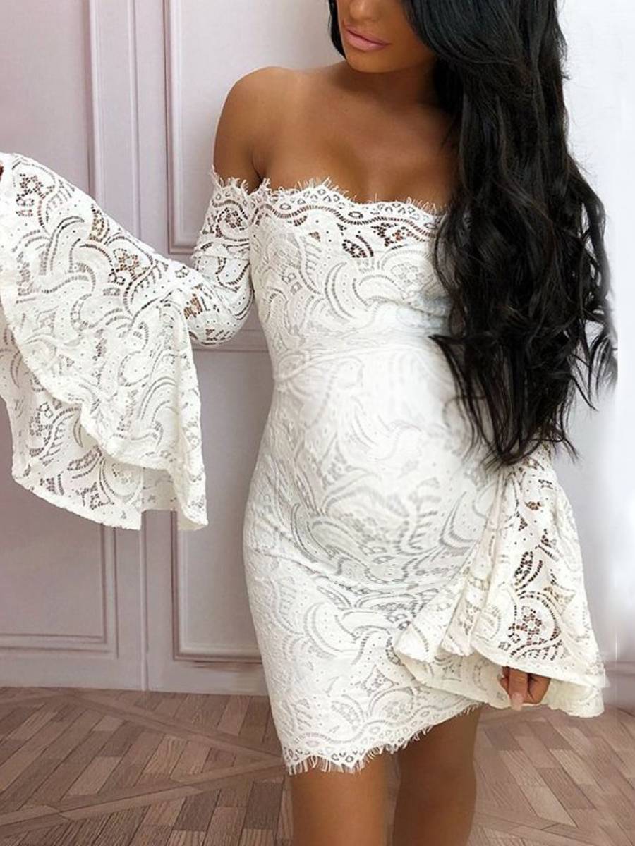 Maternity Off The Shoulder Lace Flare Sleeve Dress - dianjiang-