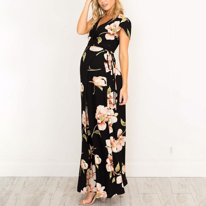 Maternity Deep V-Neck Printed Maxi Dress - dianjiang-