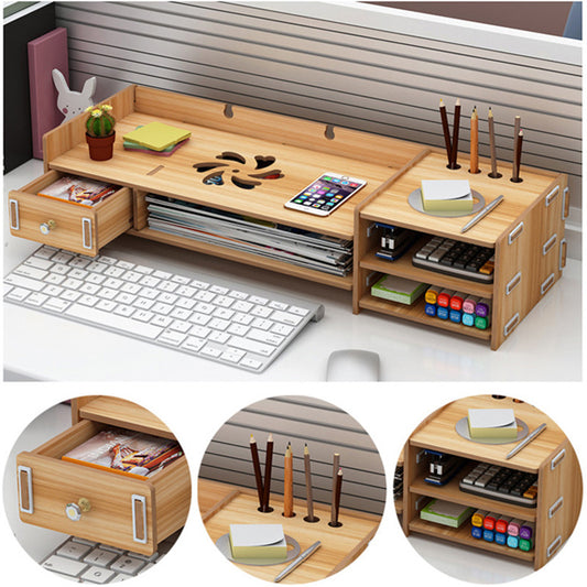 4 Colors 2 Tiers Multi-function Desktop Wooden Computer Monitor Riser Stand Laptop Screen Riser Wood Shelf Keyboard Desk Storage Rack - dianjiang-