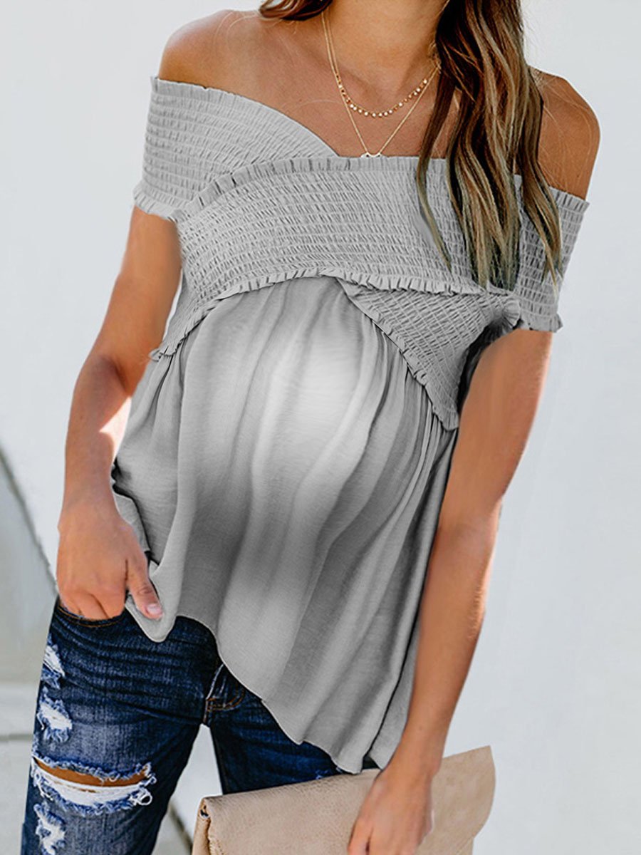 Maternity Smocked Off Shoulder Ruffled T-Shirt - dianjiang-