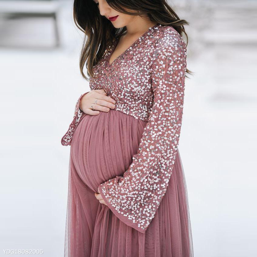 Maternity V-Neck Long Sleeve Tulle Gown With Tonal Delicate Sequins - dianjiang-