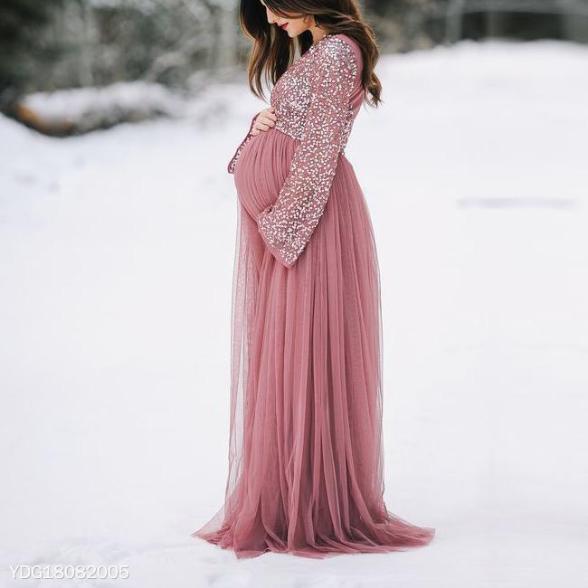 Maternity V-Neck Long Sleeve Tulle Gown With Tonal Delicate Sequins - dianjiang-