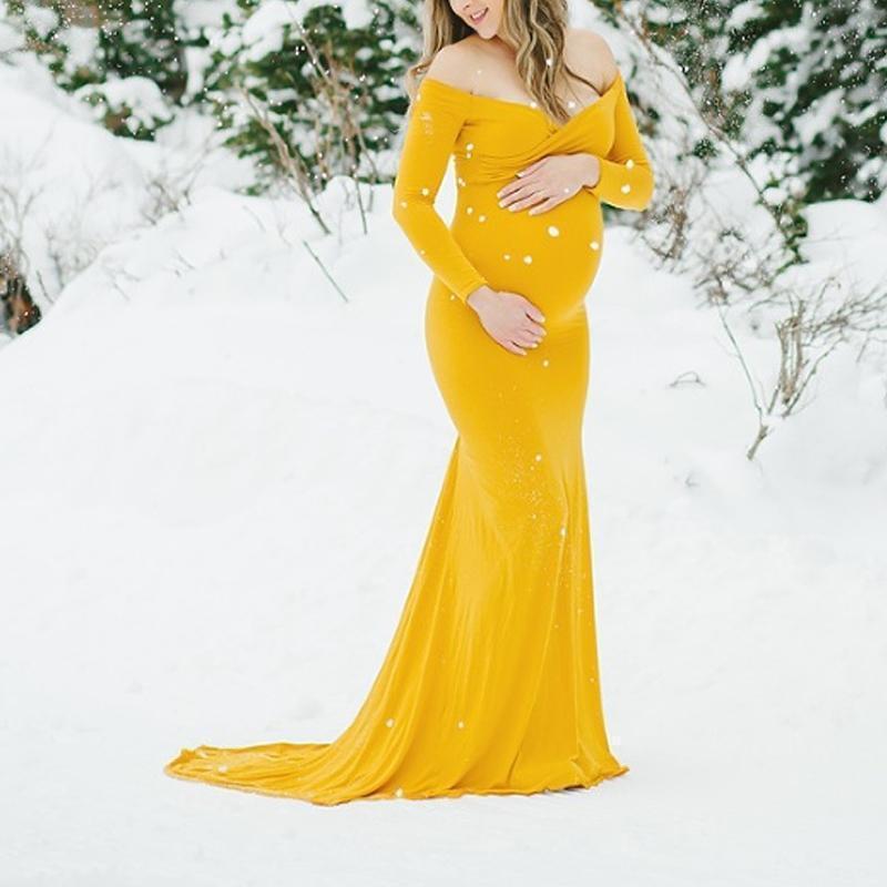 Maternity Yellow V-Neck Long Sleeve Elegant Gown - dianjiang-