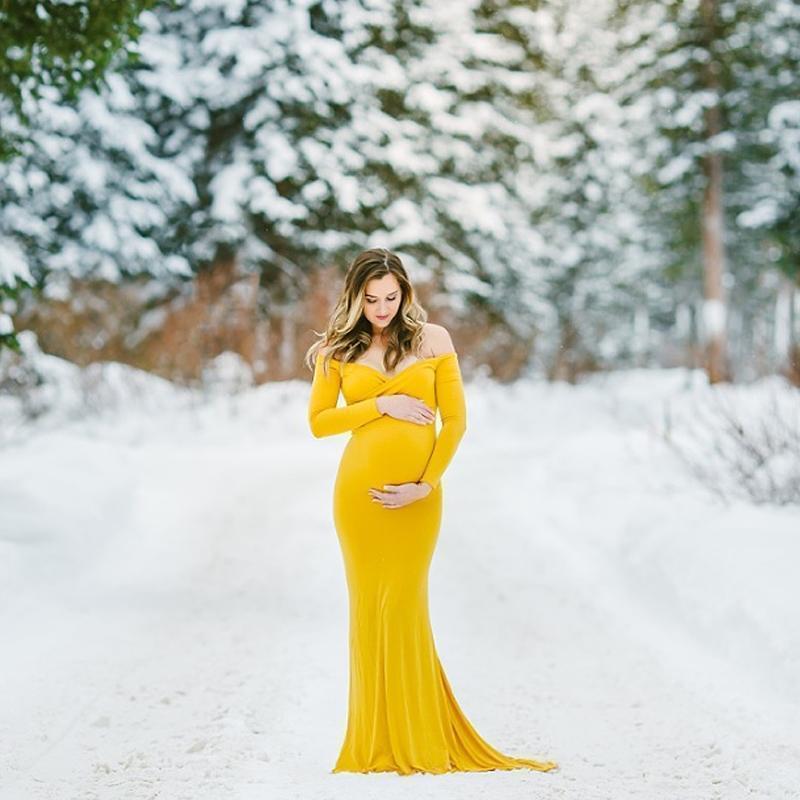 Maternity Yellow V-Neck Long Sleeve Elegant Gown - dianjiang-