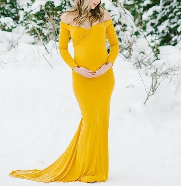 Maternity Yellow V-Neck Long Sleeve Elegant Gown - dianjiang-