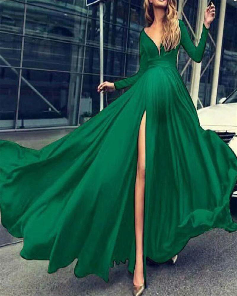 Maternity Sexy Solid Color Deep V-Neck Long Sleeve Split Maxi Dress - dianjiang-