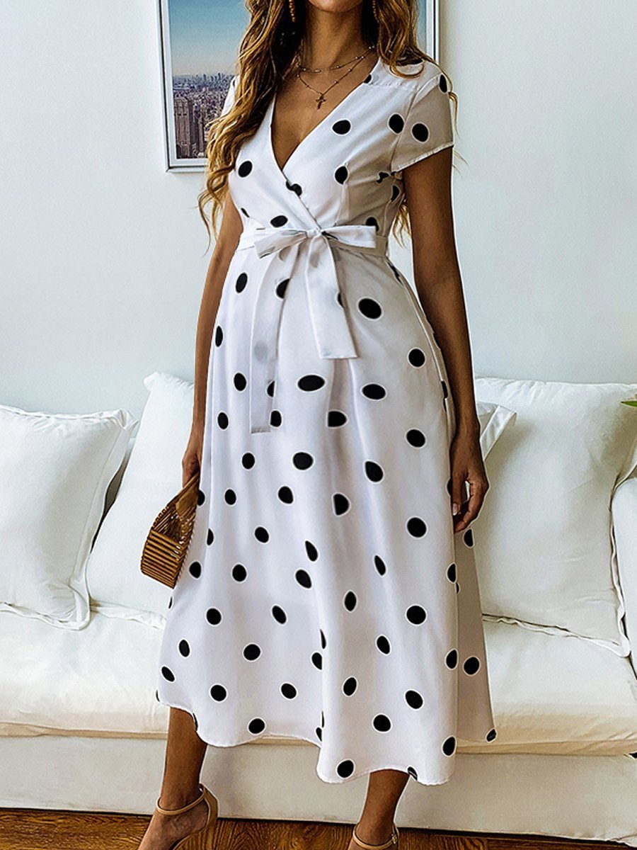 Maternity V-Neck Polka Dots Midi Dress - dianjiang-