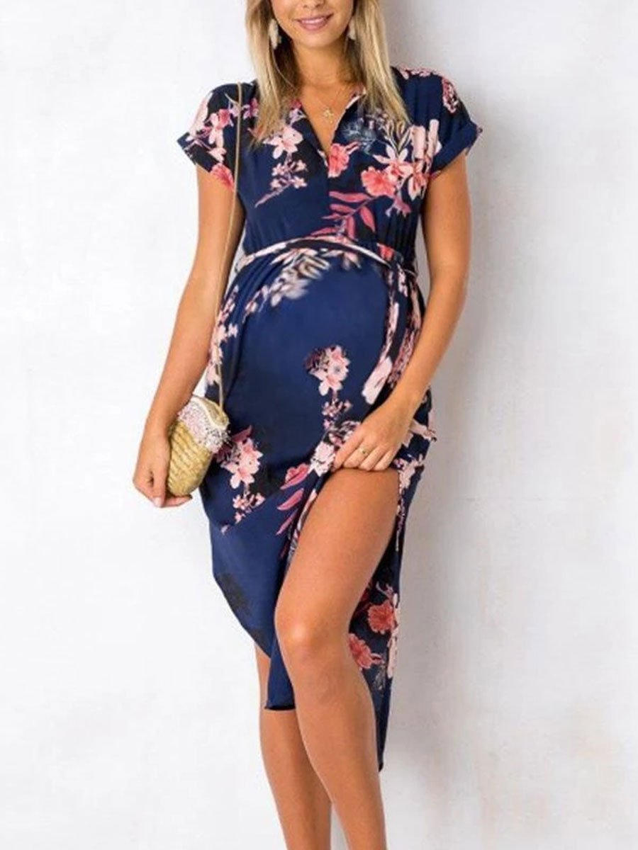 Sexy V-Neck Square Floral Print Maternity Dress - dianjiang-