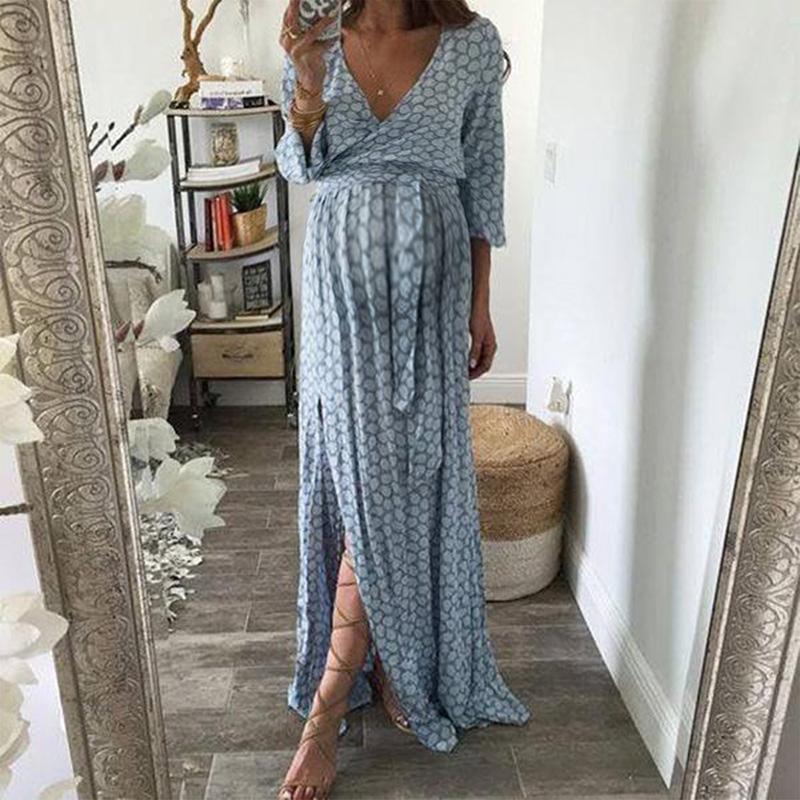 Maternity Casual V Neck Long Sleeve Check Dress - dianjiang-