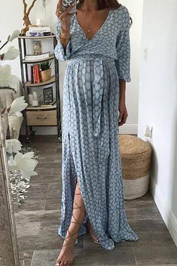 Maternity Casual V Neck Long Sleeve Check Dress - dianjiang-