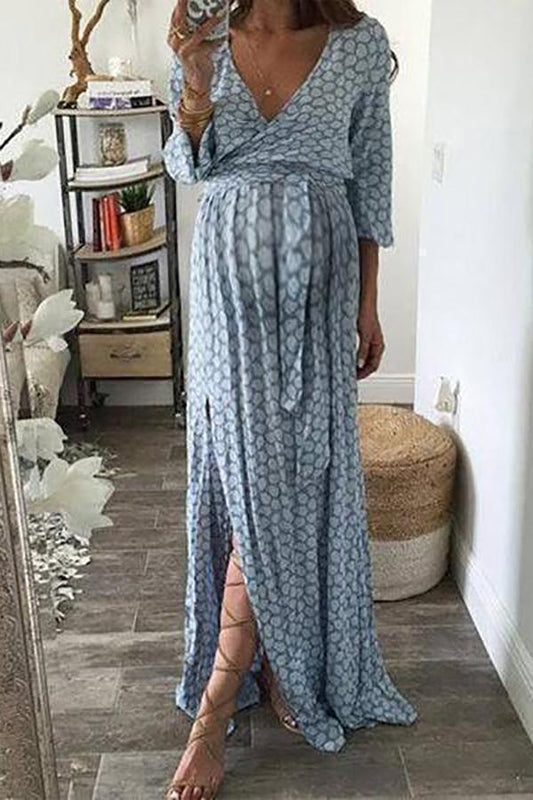 Maternity Casual V Neck Long Sleeve Check Dress - dianjiang-