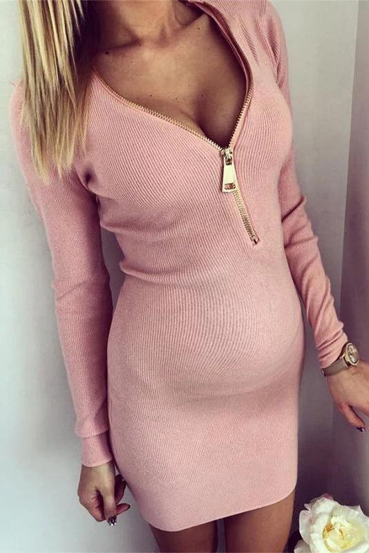 Maternity Sexy Deep V Neck Long Sleeve Metal Zipper Hip Dress - dianjiang-