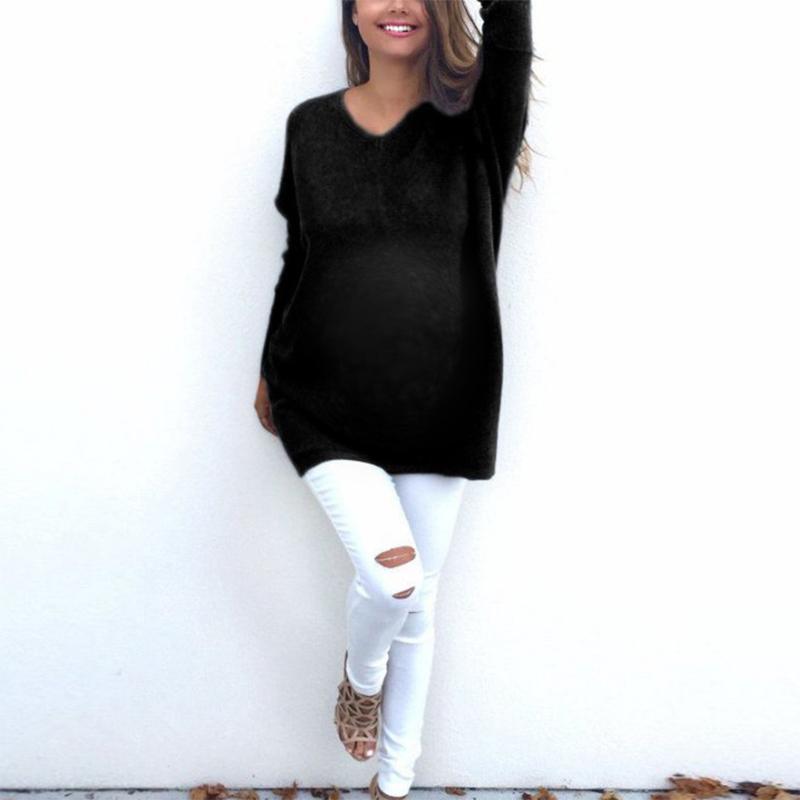 Maternity Casual Pure Color V Neck Long Sleeve T-Shirt - dianjiang-