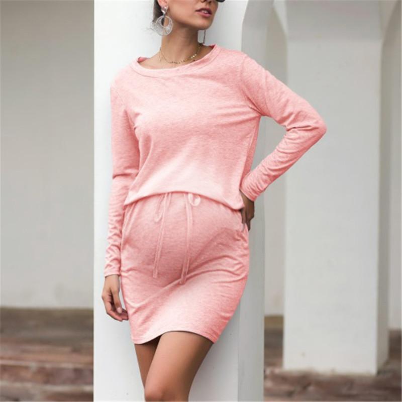 Maternity Round Neck Solid Color Long Sleeve Casual Dresses - dianjiang-