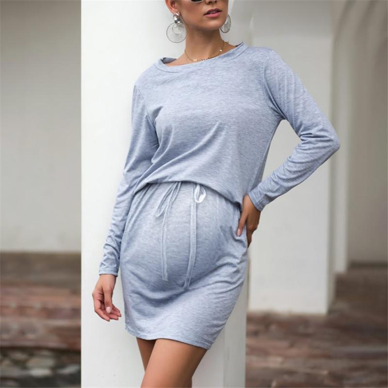 Maternity Round Neck Solid Color Long Sleeve Casual Dresses - dianjiang-