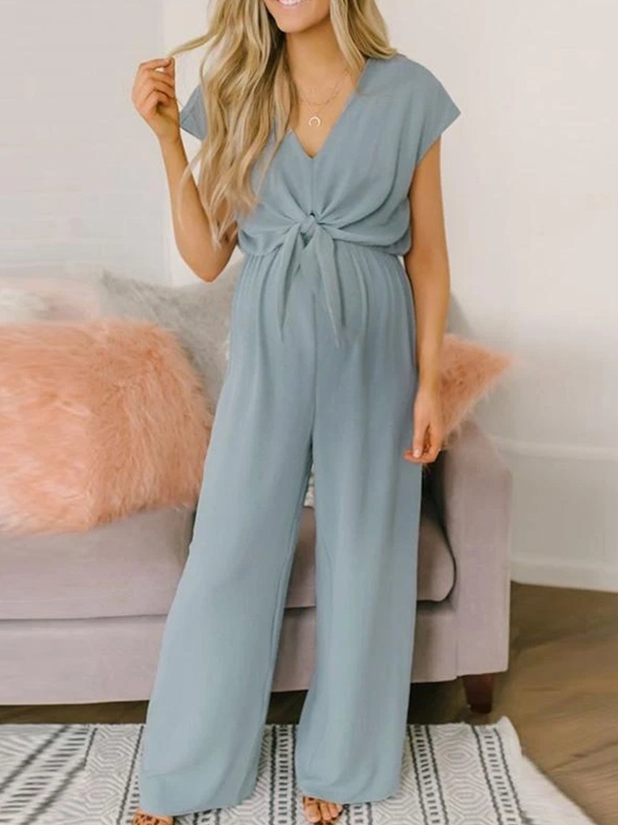 V-Neck Tie High Waist Halter Maternity Jumpsuit - dianjiang-