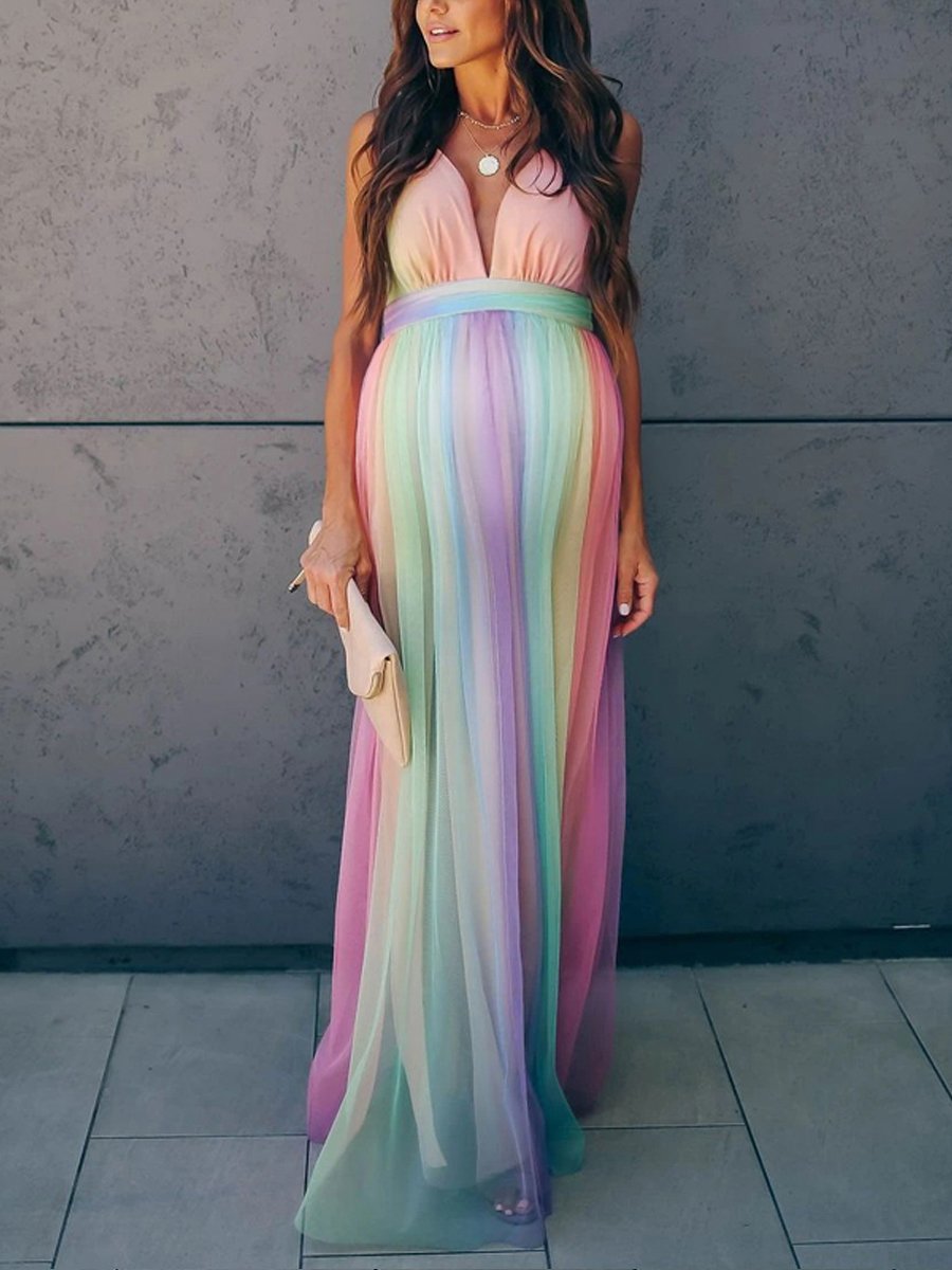 Maternity Sexy Rainbow Striped Maxi Dress - dianjiang-