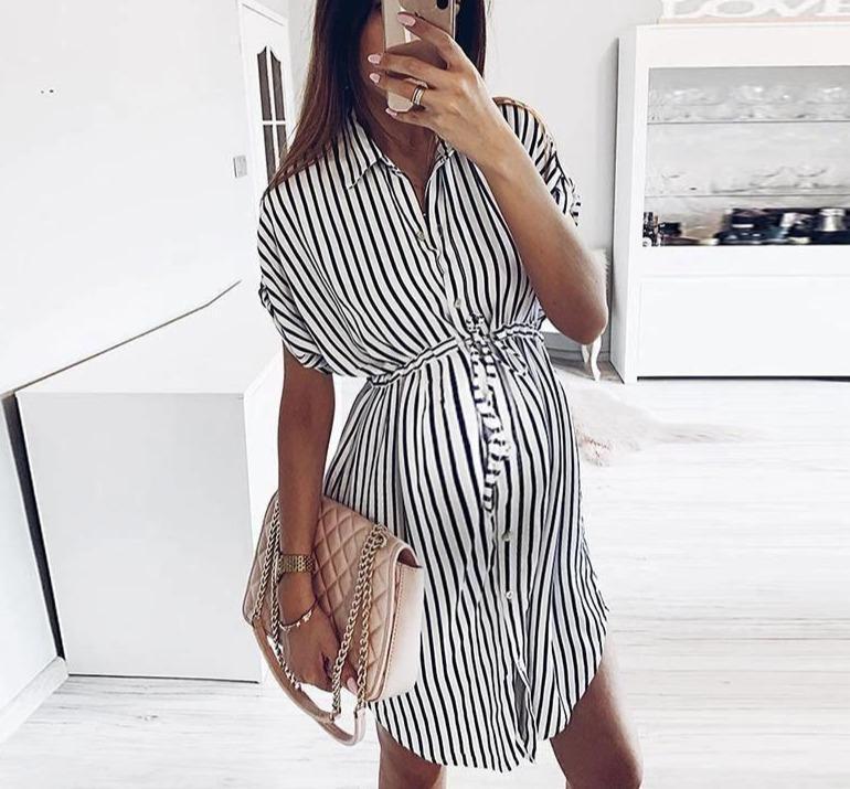 Maternity Fashion Striped Fold Over Collar Single-Breasted Dress - dianjiang-