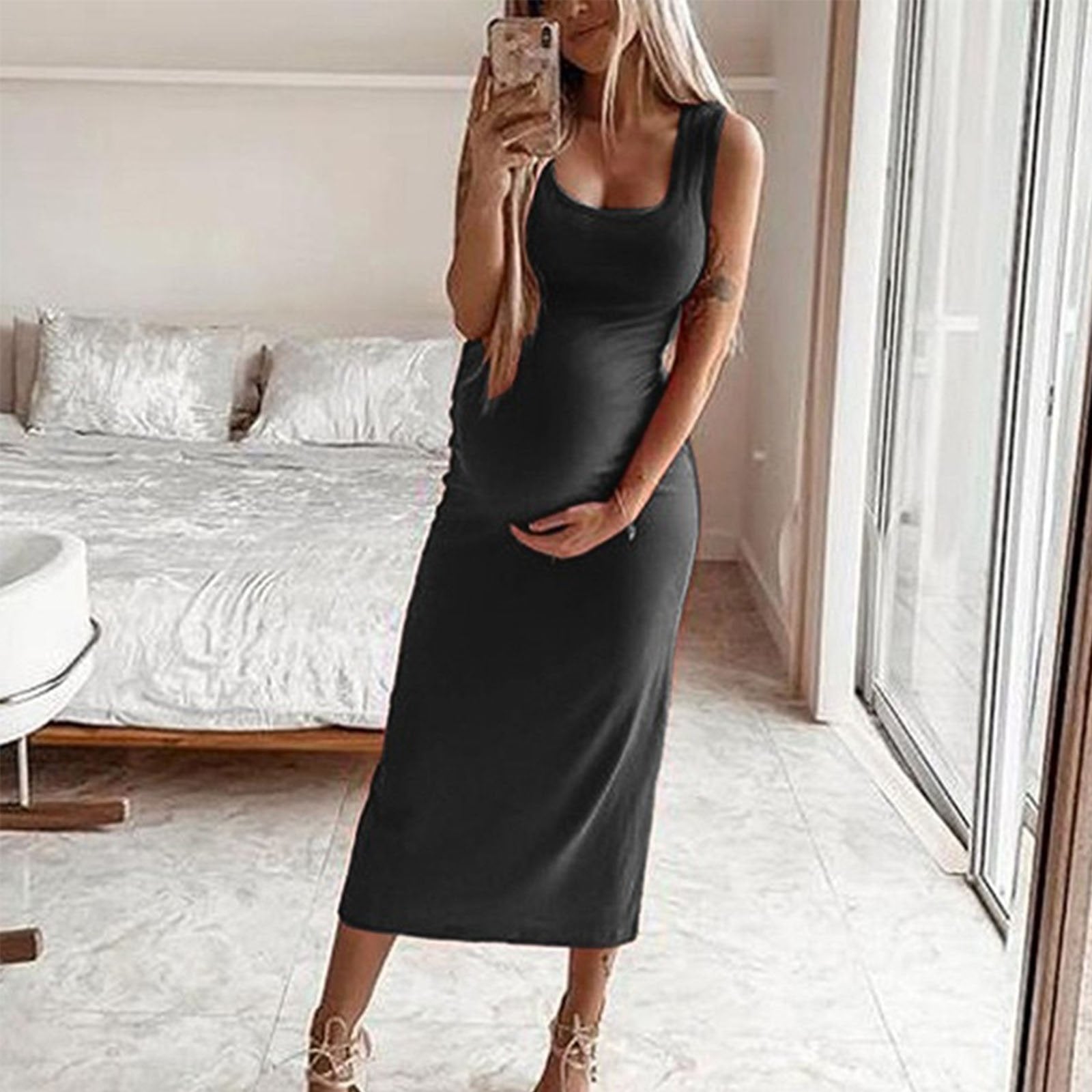 Maternity Casual Solid Color Sleeveless Dress - dianjiang-